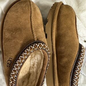 UGG Chestnut Suede Slippers with Woven Trim